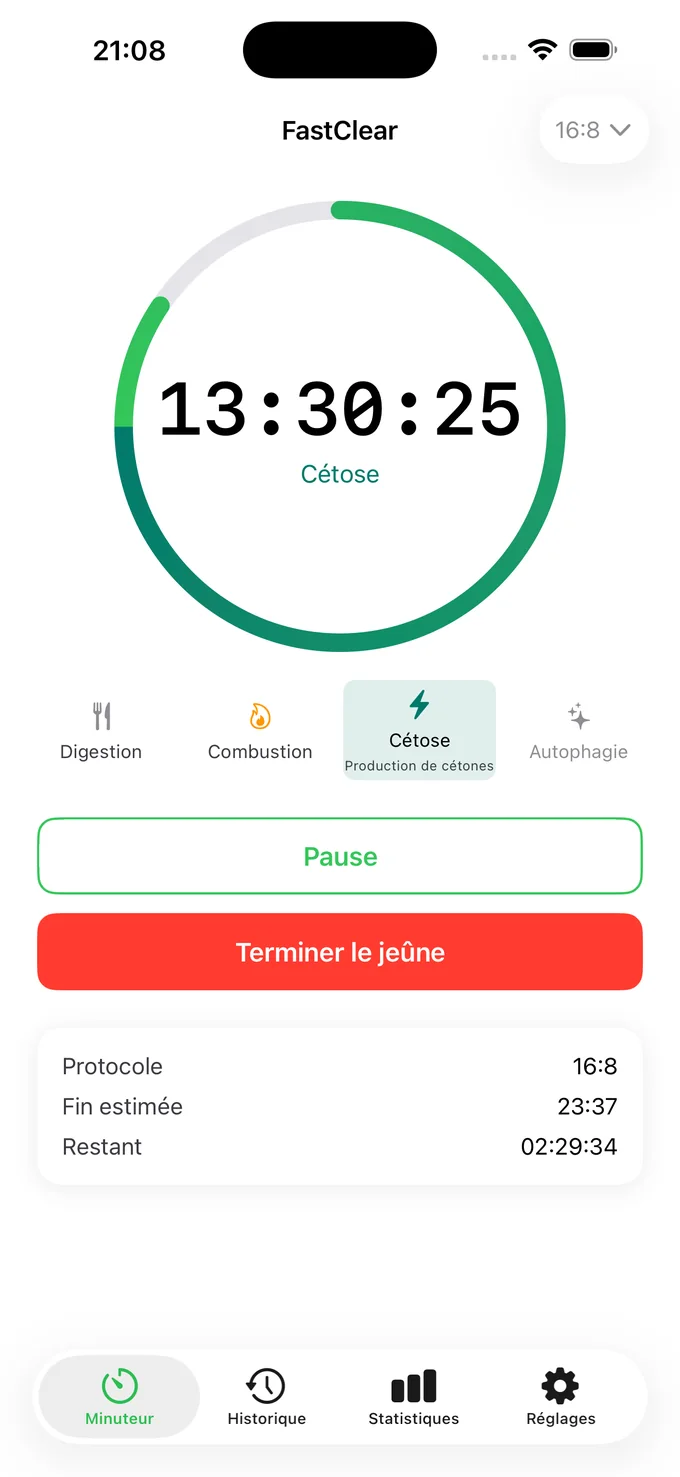 Écran d'accueil de FastClear avec un jeûne 16:8 en cours