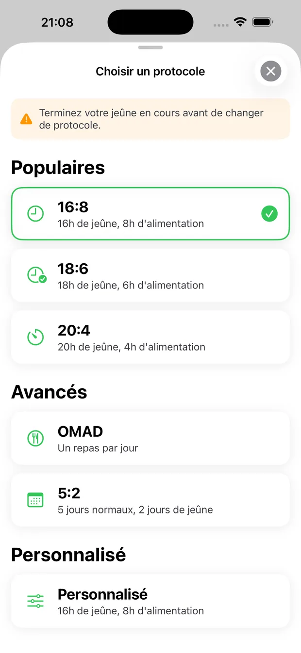 Sélecteur de protocole FastClear : 16:8, 18:6, 20:4, OMAD, 5:2 et sur mesure