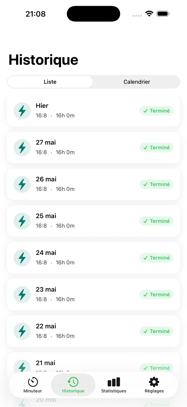 Historique FastClear avec les derniers jeûnes terminés