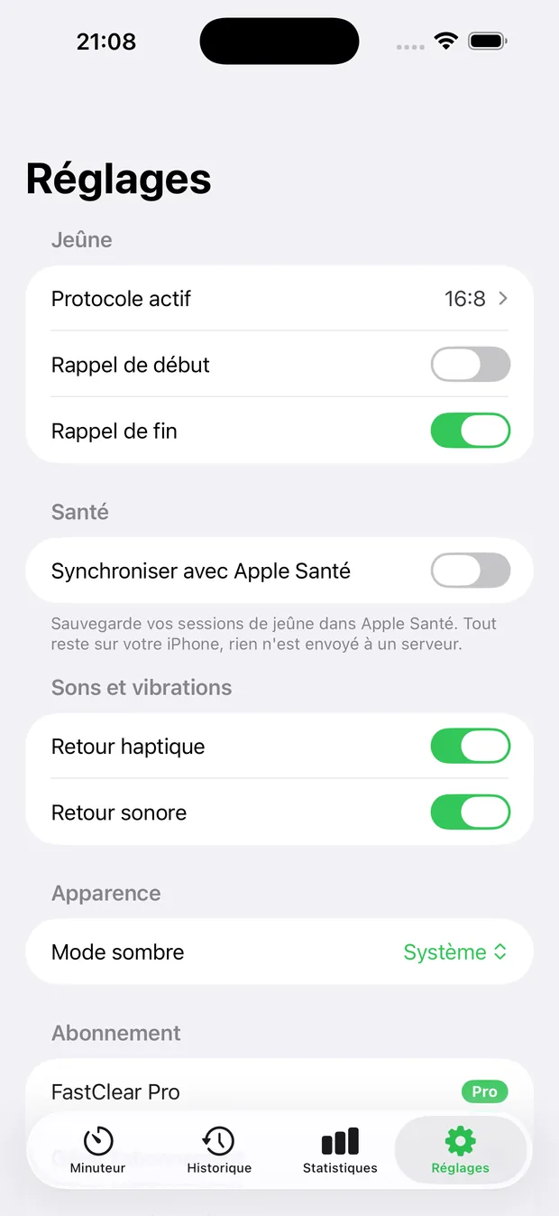 Réglages FastClear : notifications et protocole