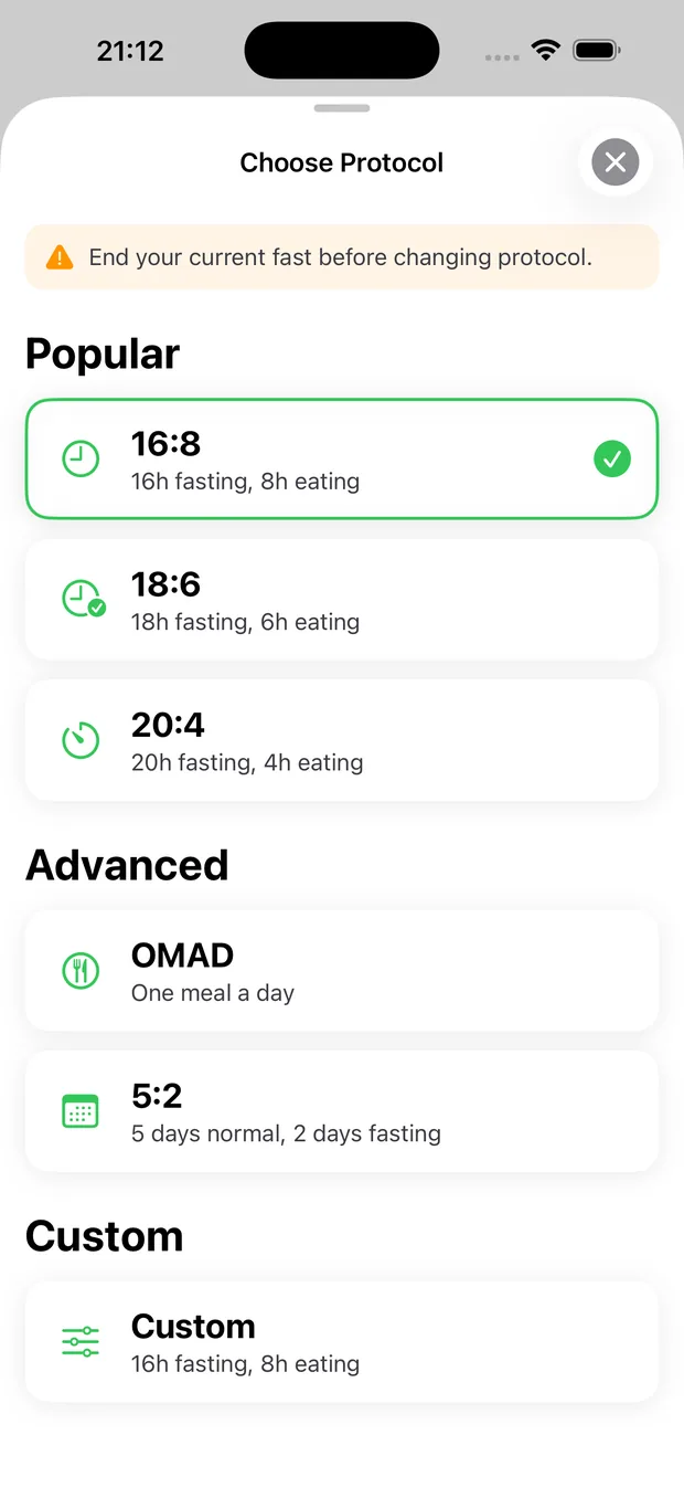 FastClear protocol picker with 16:8, 18:6, 20:4, OMAD, 5:2 and a custom option