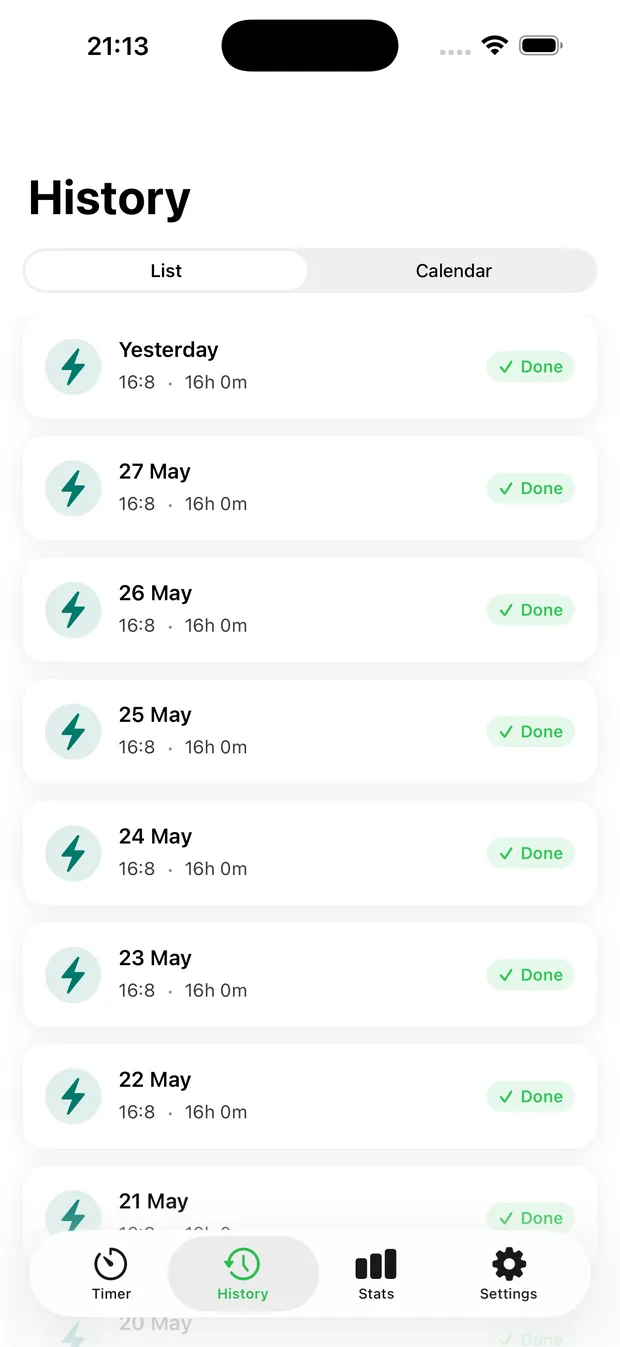 FastClear history view listing recently completed fasts