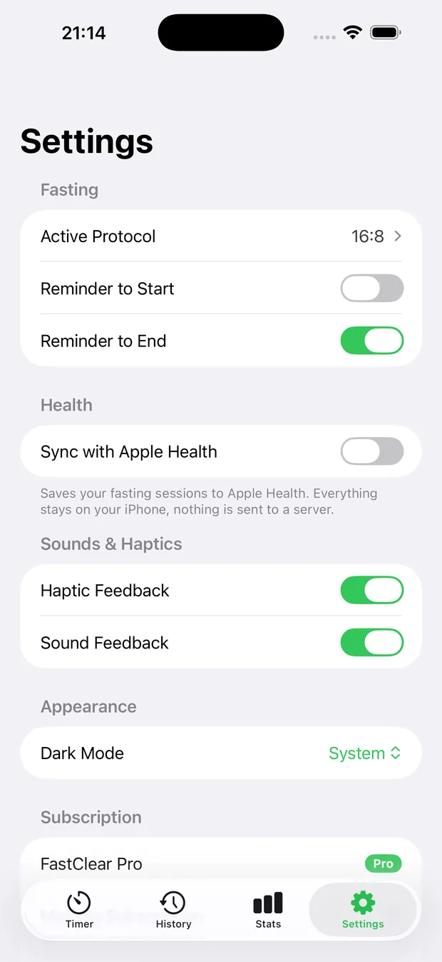 FastClear settings screen with notification and protocol options
