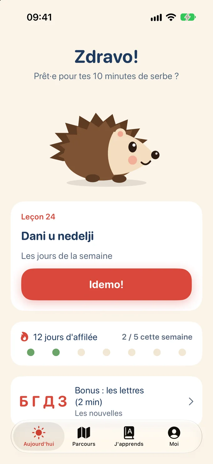 Écran Aujourd'hui de Ježko : un « Zdravo! » du hérisson, la leçon 24 prête à commencer et une série de 12 jours
