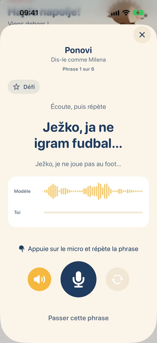 Écran Répète de Ježko : dire la réplique comme Milena, puis comparer sa voix au modèle