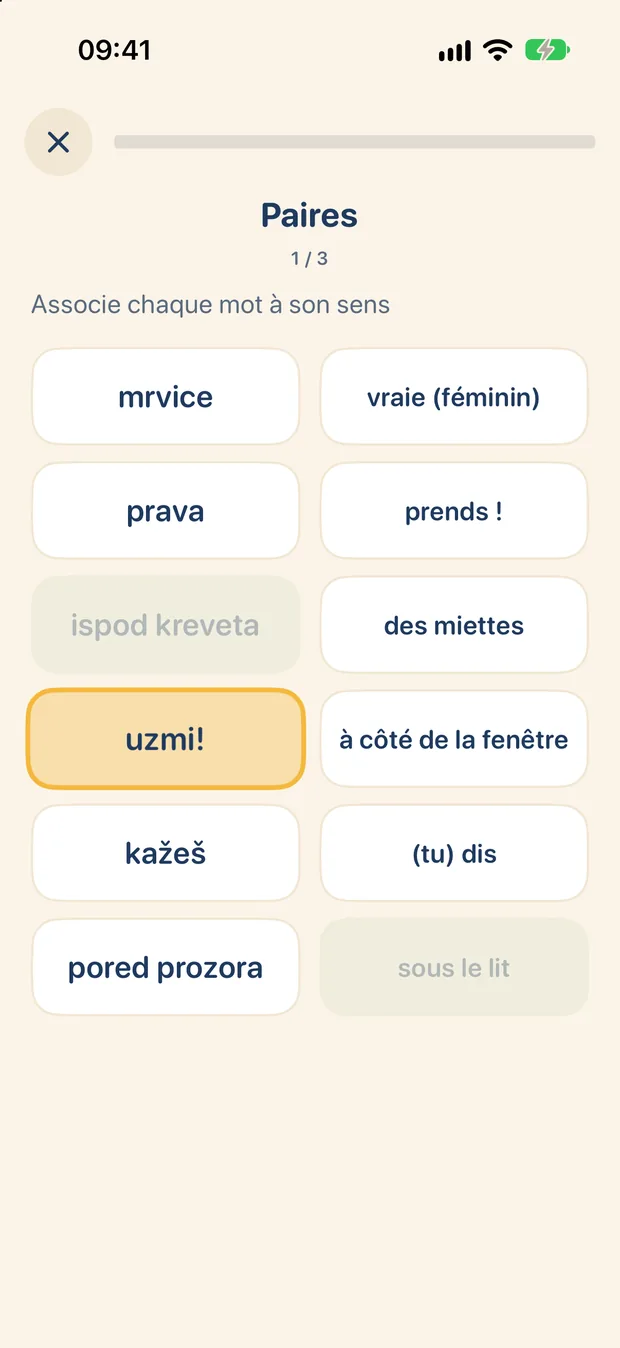 Jeu des paires de Ježko : associer chaque mot serbe à son sens