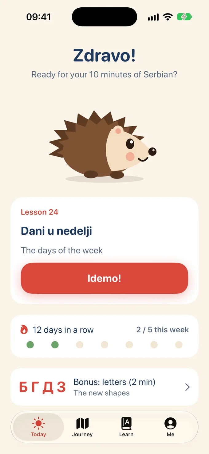 Ježko Today screen: a Zdravo! greeting from the hedgehog, lesson 24 ready to start and a 12-day streak