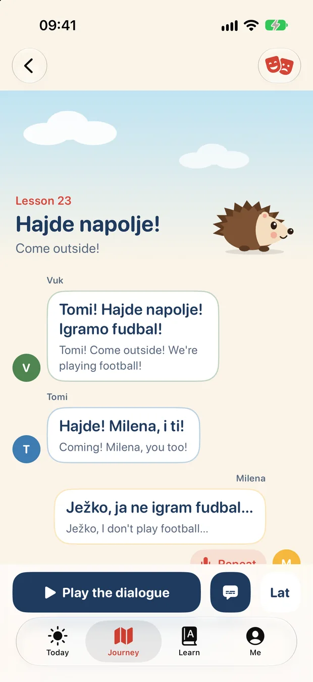 Ježko lesson 23, Hajde napolje!: the illustrated dialogue between Vuk and Tomi, in Serbian with translations
