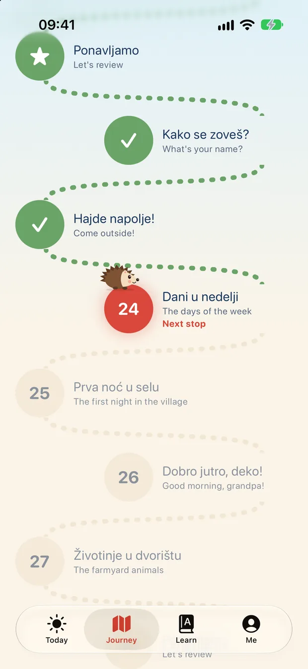 Ježko journey map: completed lessons and the next stop, lesson 24