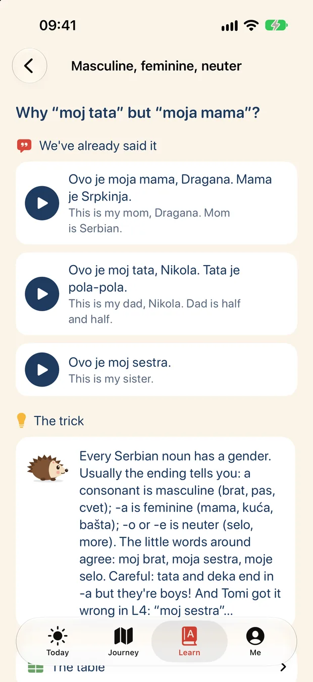 Ježko Behind the scenes card explaining masculine, feminine and neuter nouns