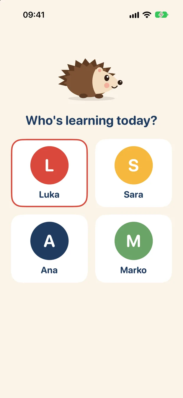 Ježko profiles screen: Who's learning today? with four family profiles
