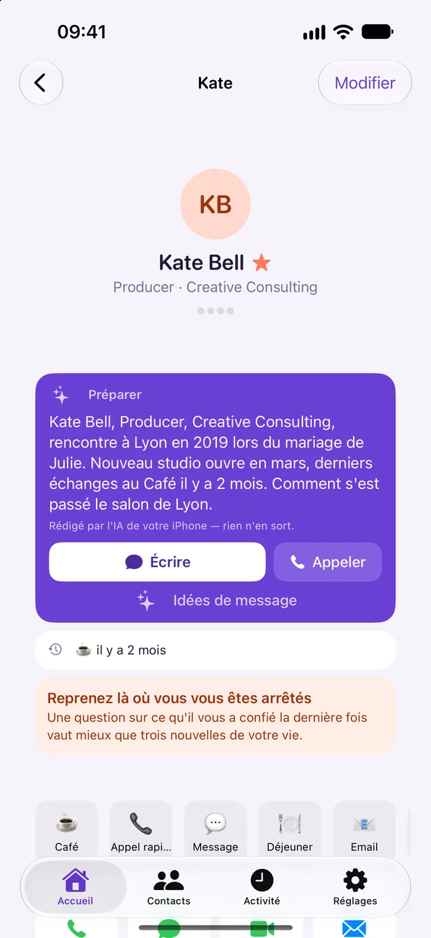 Carte Préparer de KeepContact : résumé par l'IA embarquée, boutons Écrire et Appeler, idées de message