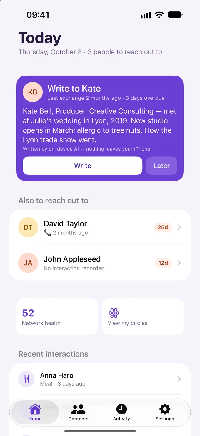 KeepContact Today screen: the one person to write to today with an on-device AI summary, then the others who are due