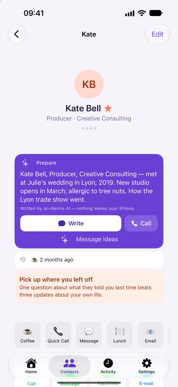 KeepContact Prepare card on a contact: an on-device AI summary, Write and Call buttons, and message ideas