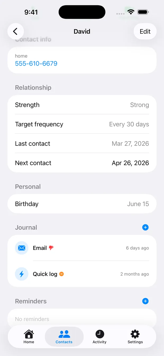 KeepContact contact detail view with notes and last interactions for one person