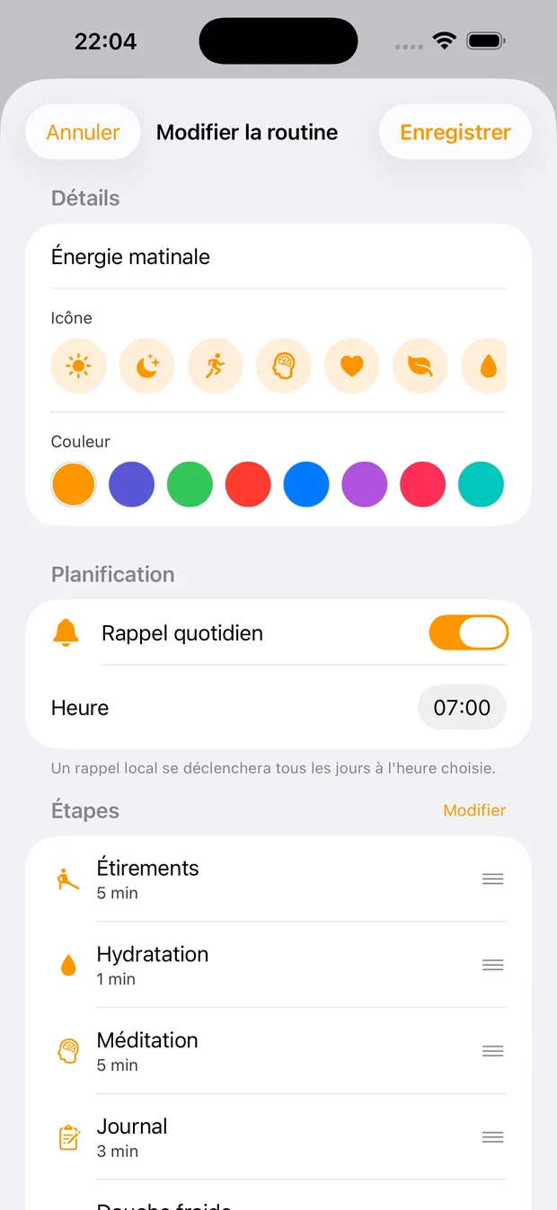 Éditeur de routine RoutineFlow : ajouter, réordonner et minuter chaque étape