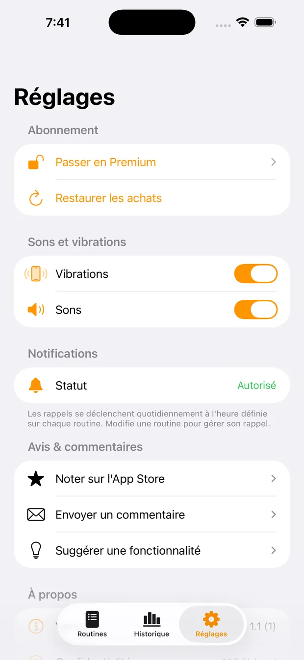 Réglages RoutineFlow : heure du rappel et notifications