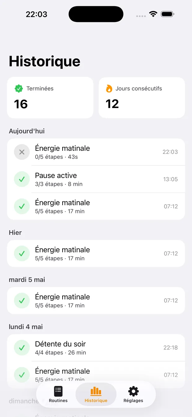 Historique RoutineFlow des routines terminées