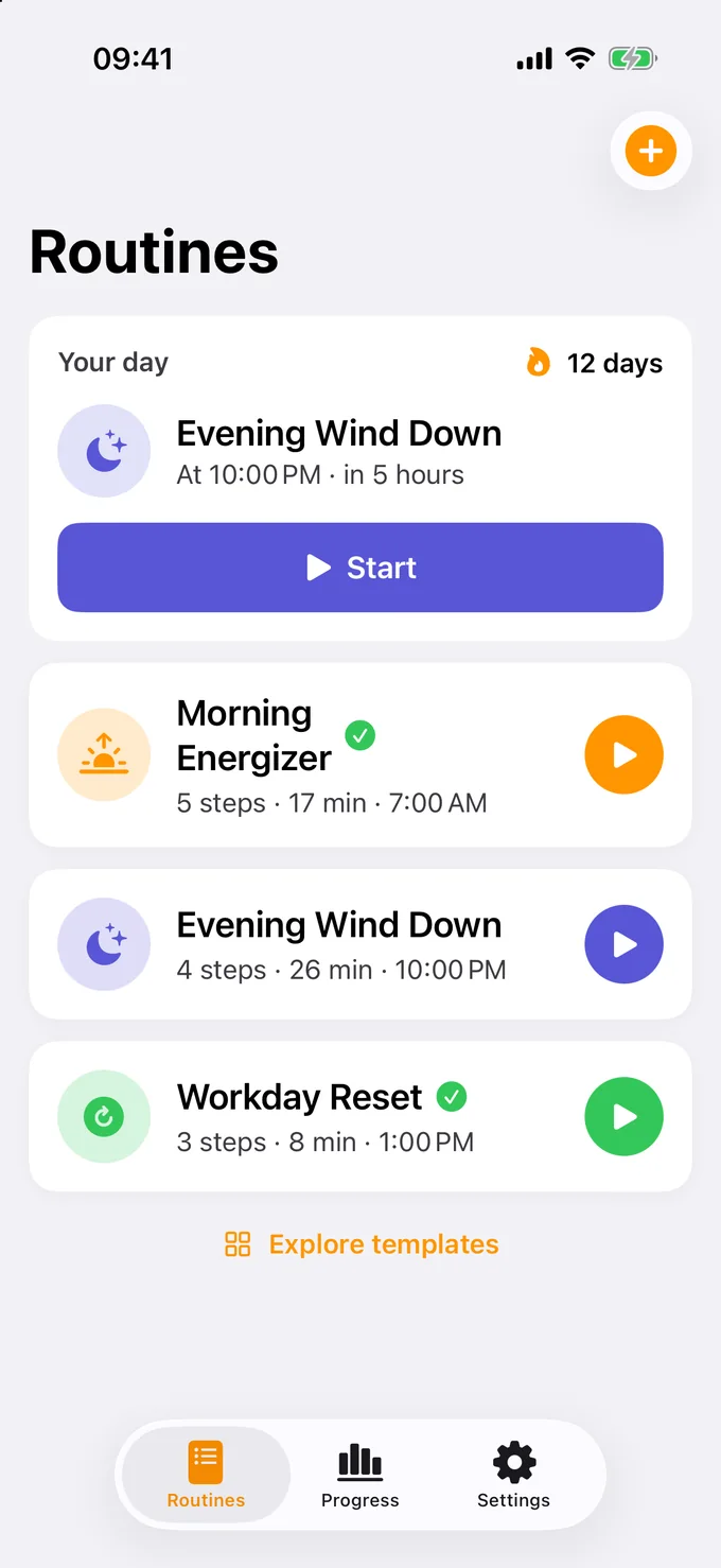 RoutineFlow Routines screen: Your day card with the next routine, a 12-day streak and a Start button, then Morning Energizer, Evening Wind Down and Workday Reset