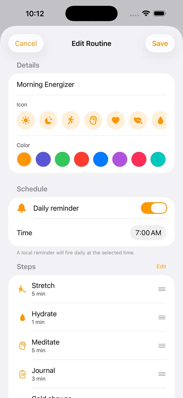RoutineFlow routine editor for adding, reordering and timing each step
