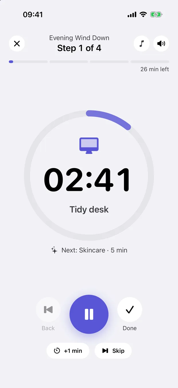 RoutineFlow running a routine: step 1 of 4, a 02:41 countdown ring, the next step and 26 minutes left