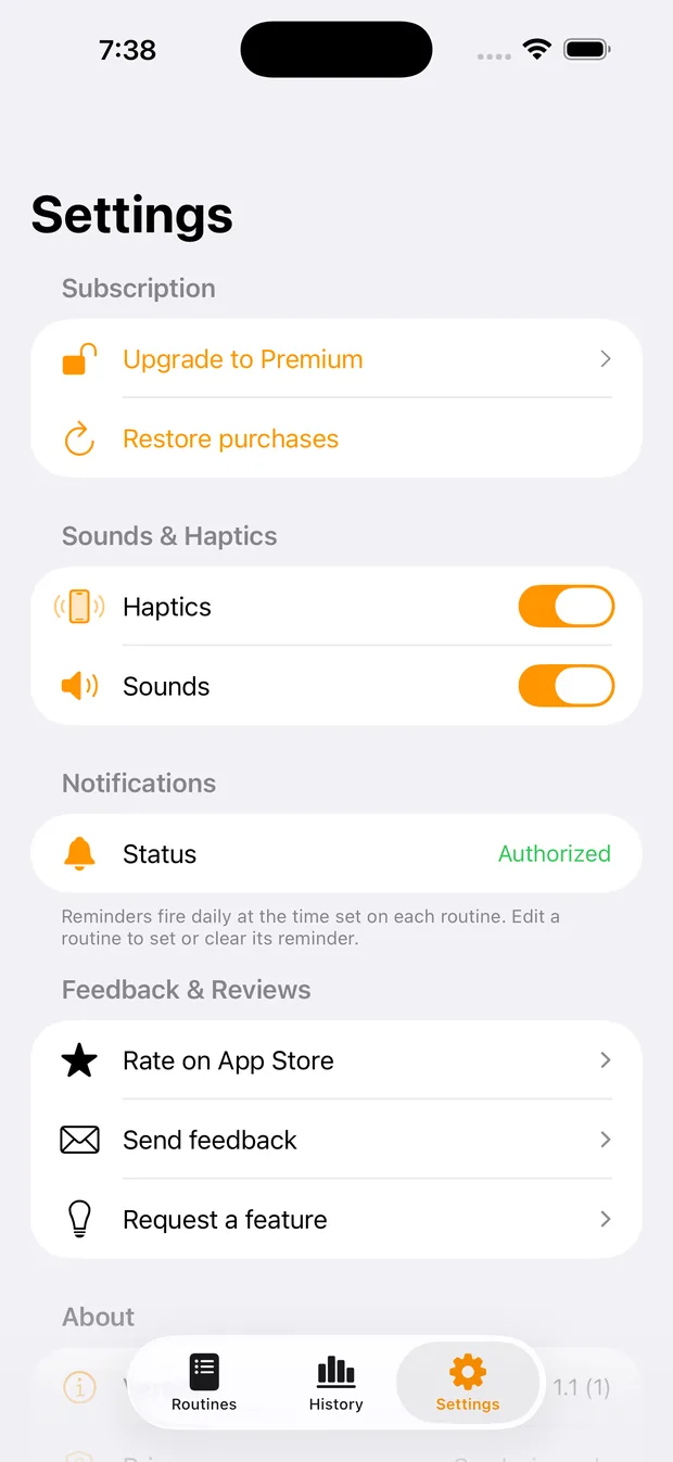RoutineFlow settings screen with reminder time and notification options