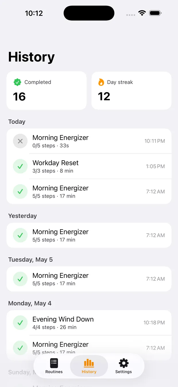RoutineFlow history showing recently completed routines