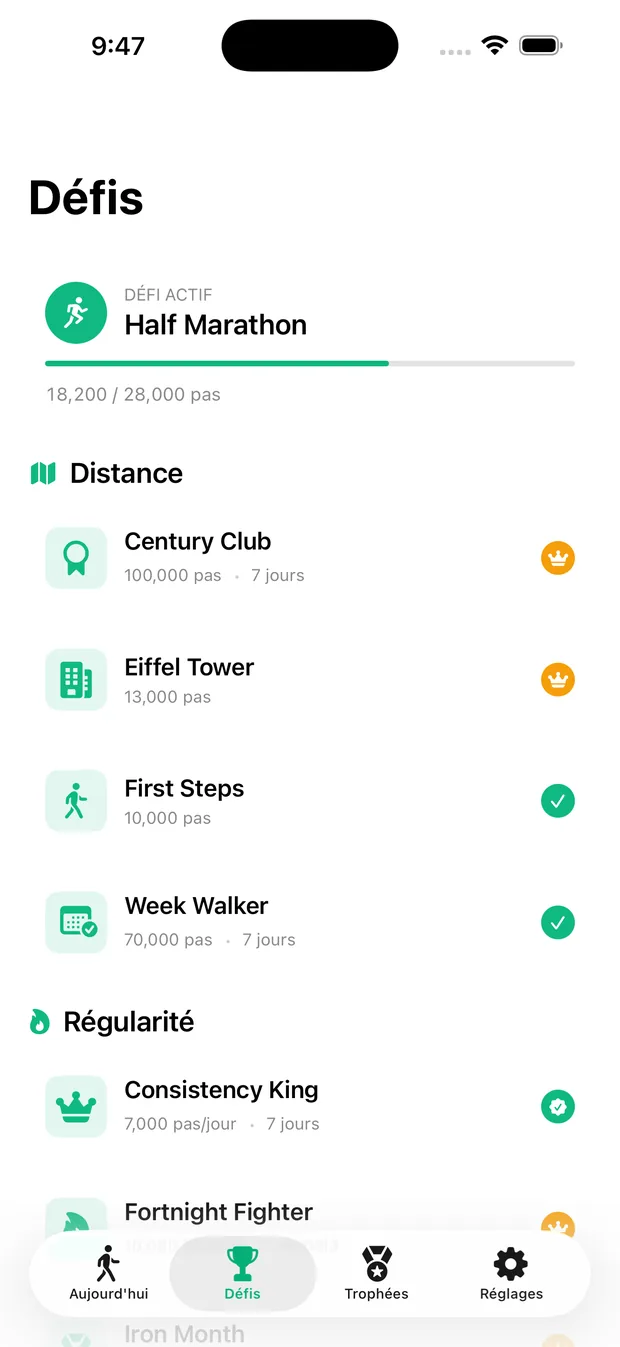 Écran Défis de WalkQuest avec des défis de pas facultatifs