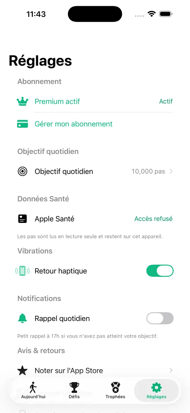 Réglages WalkQuest : objectif et notifications