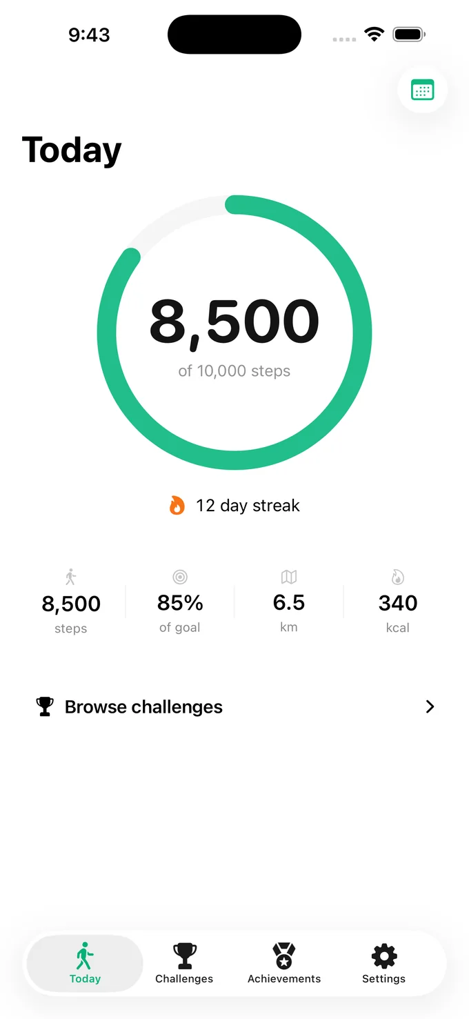 WalkQuest Today screen showing 8,500 of 10,000 steps and a 12-day streak