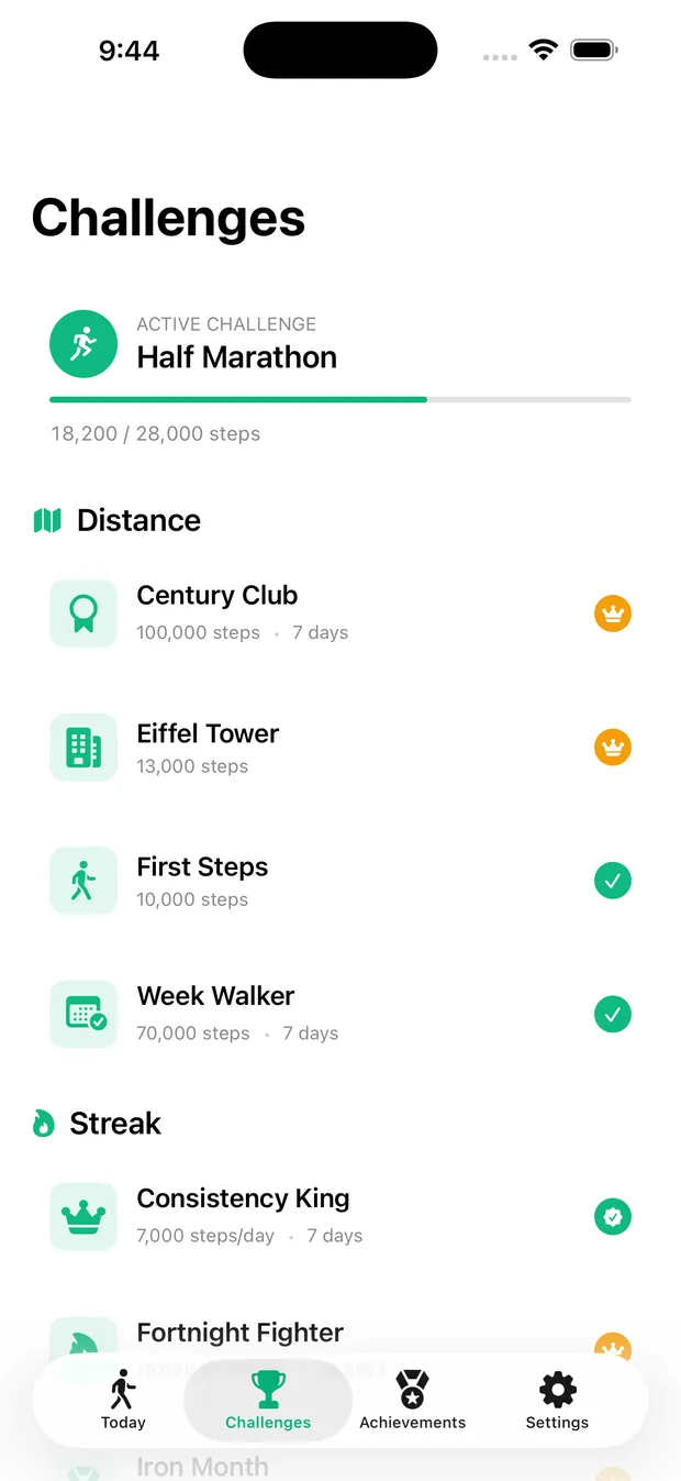 WalkQuest Challenges screen with optional step-goal challenges