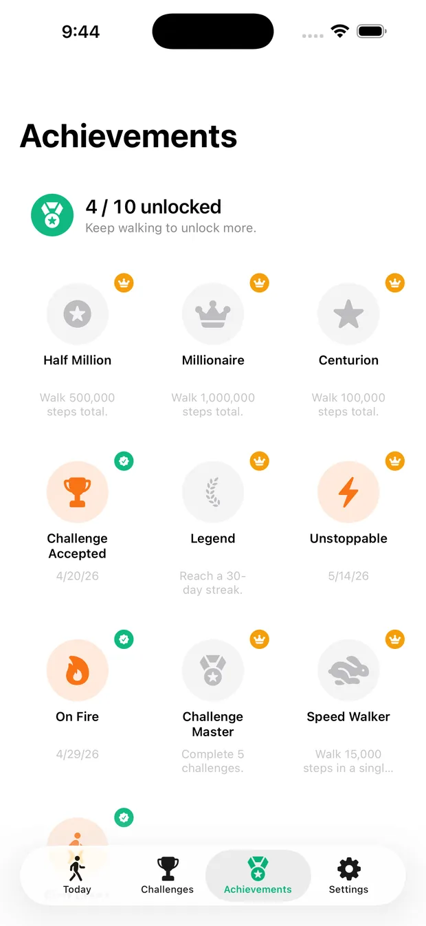 WalkQuest Achievements screen with milestone badges