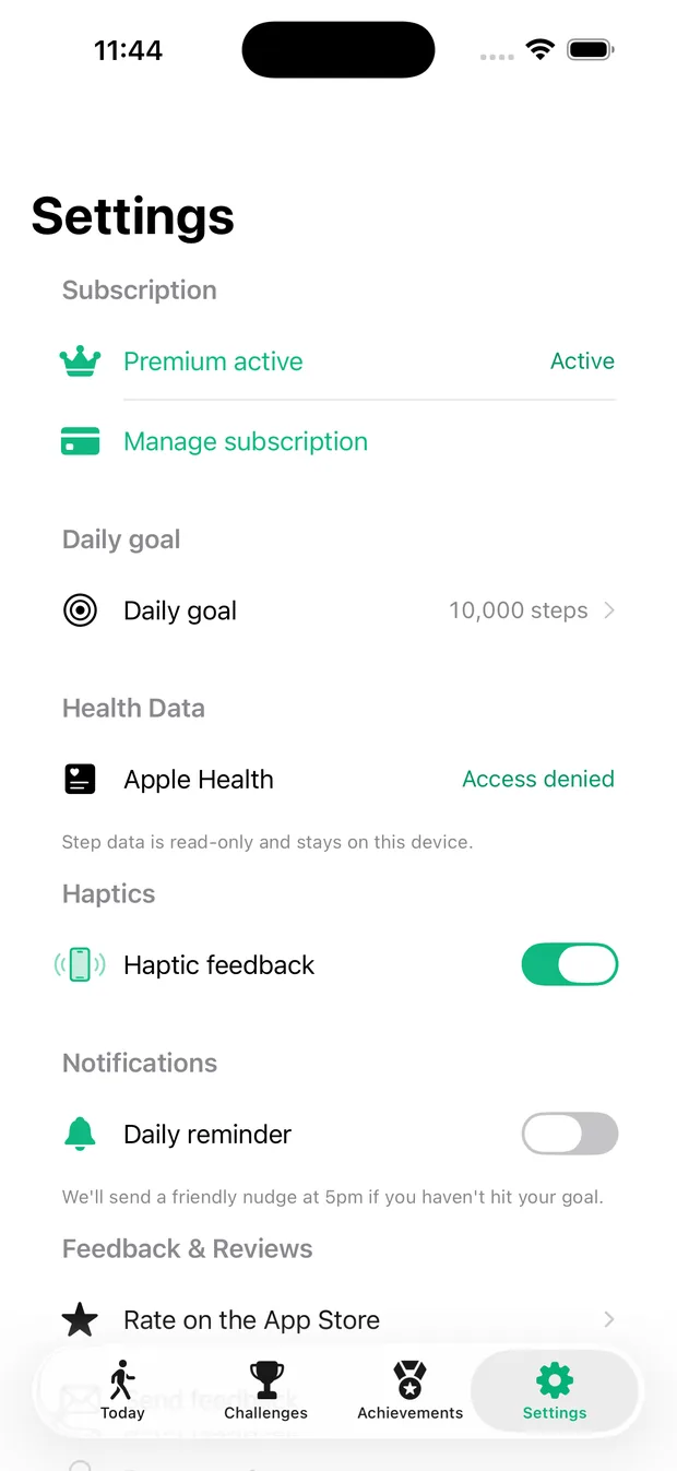 WalkQuest Settings screen with goal and notification options